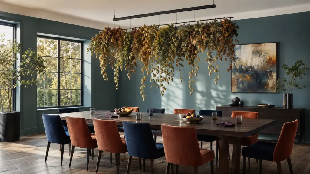 floating-dried-hop-dining-canopy.webp — Modern dining room with a floating dried-hop installation for sophisticated pumpkin-free fall decor