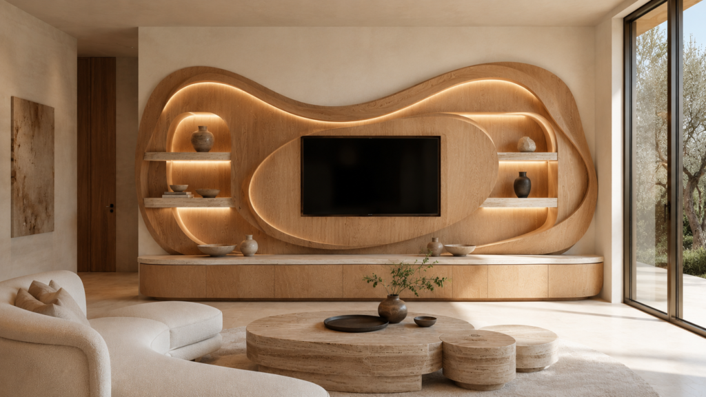 Sculptural ribbon-style white oak TV feature wall with flowing curved wood panels.