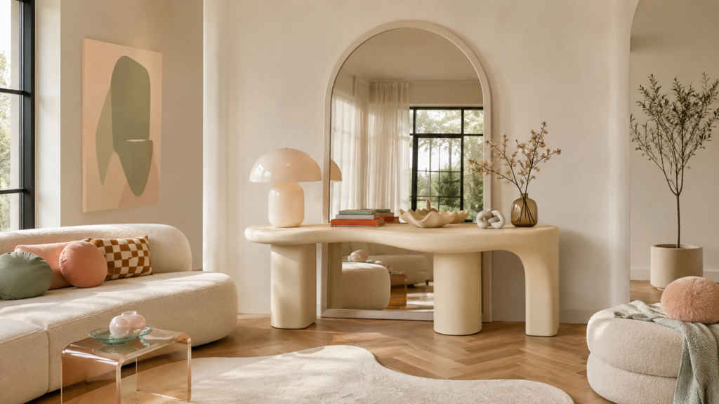 Oversized arched mirror layered behind a sculptural curvy console in a modern Gen Z living room with playful contemporary styling.