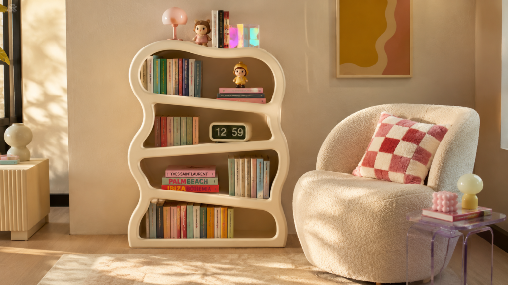 Wavy bookshelf styled with colorful books in a cozy Gen Z reading corner.