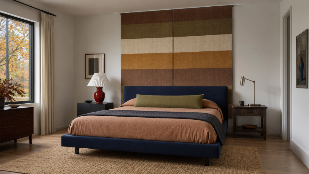 modern-autumn-stripe-bedroom-canopy.webp — Colorful modern bedroom with a tailored tobacco, olive, and saffron striped fabric canopy