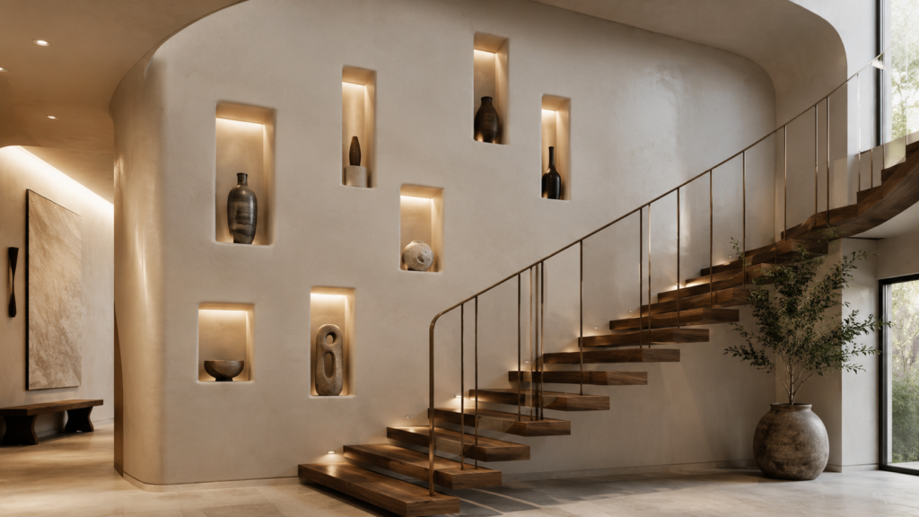 Staggered recessed wall niches displaying sculptural ceramics along a contemporary staircase.