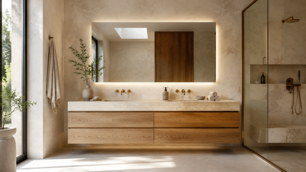 Floating white oak bathroom vanity with a backlit mirror and luxury spa styling.
