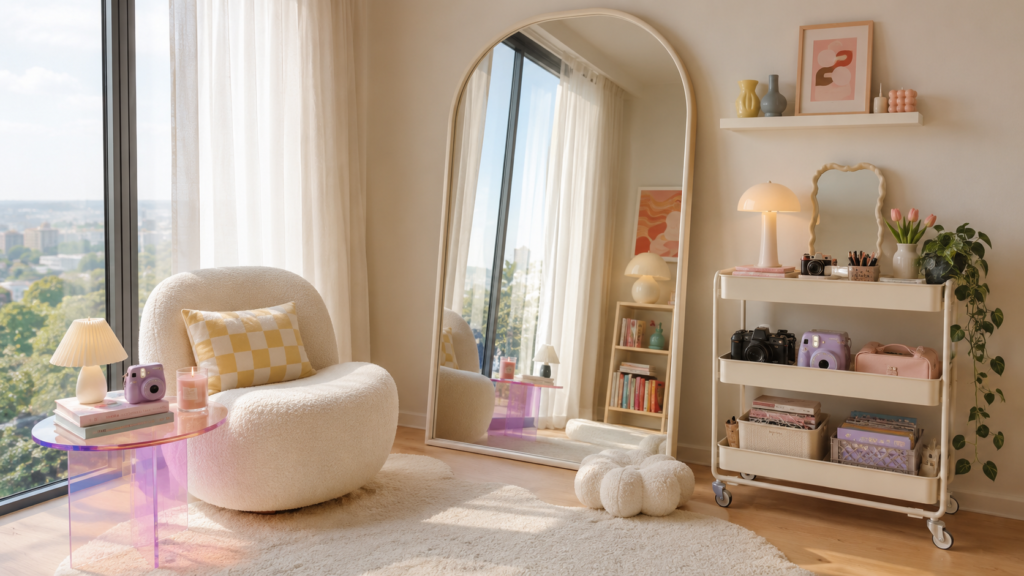 Modern creator corner with an oversized arched mirror, boucle chair, and pastel styling in a bright Pinterest-inspired living room.