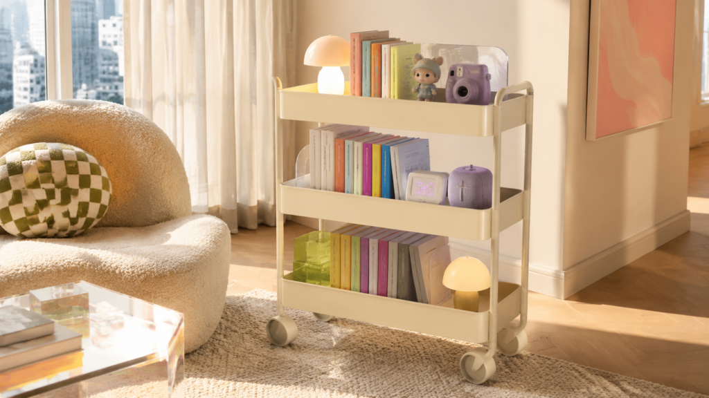 Rolling library cart styled with books in a modern Gen Z apartment.
