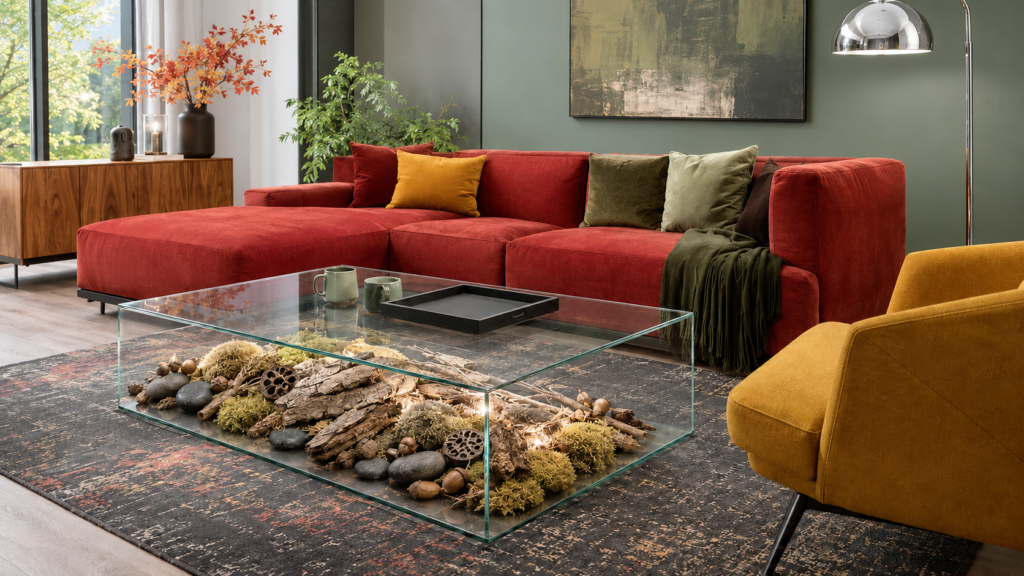 backlit-forest-floor-coffee-table.webp — Glass coffee table displaying an illuminated forest-floor arrangement in a modern fall living room