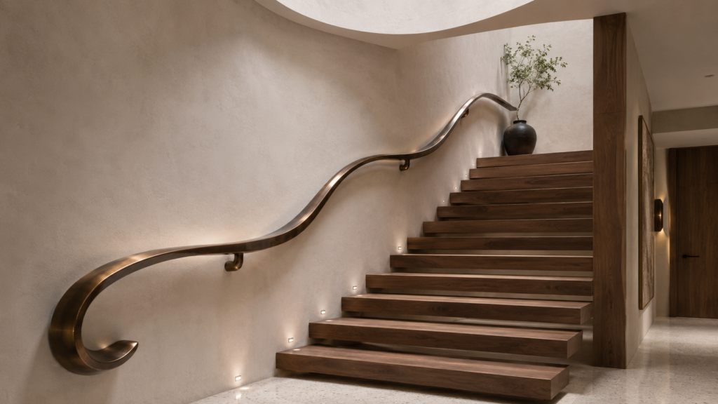 Sculptural bronze staircase handrail designed as an elegant architectural wall feature.