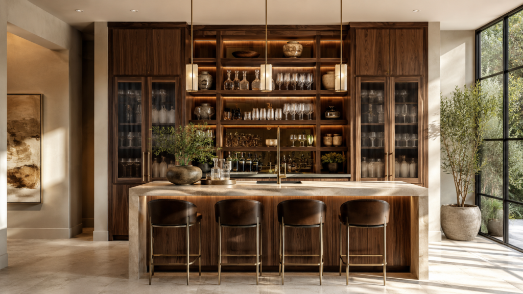 Luxury walnut home bar with illuminated shelving and boutique hotel styling.