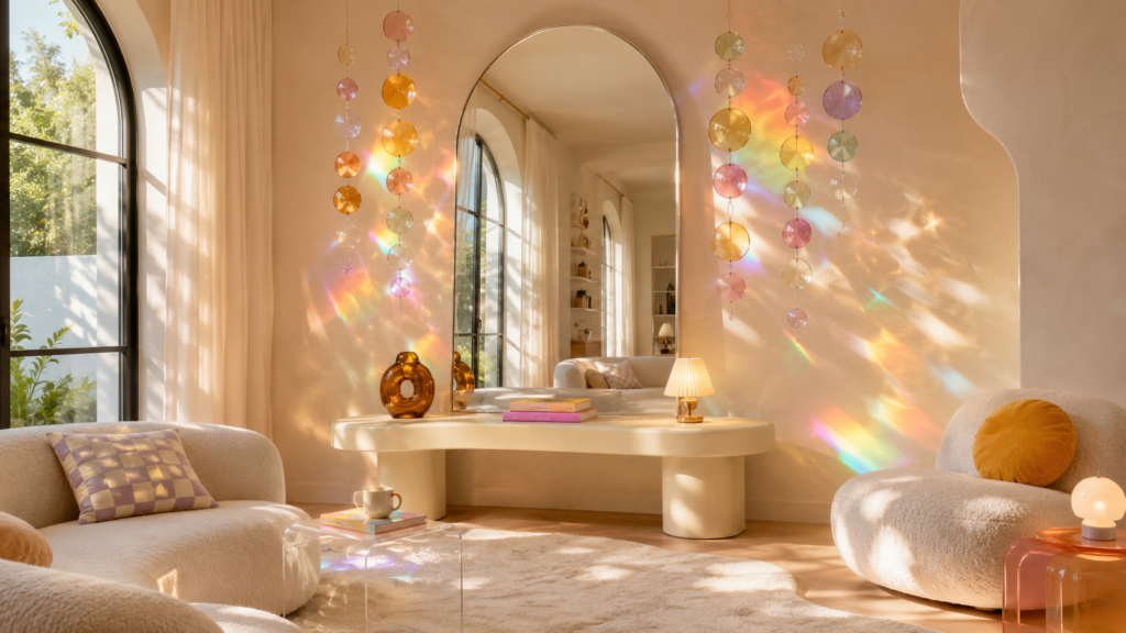 Oversized arched mirror with suspended colored glass creating rainbow light reflections in a modern Pinterest living room.