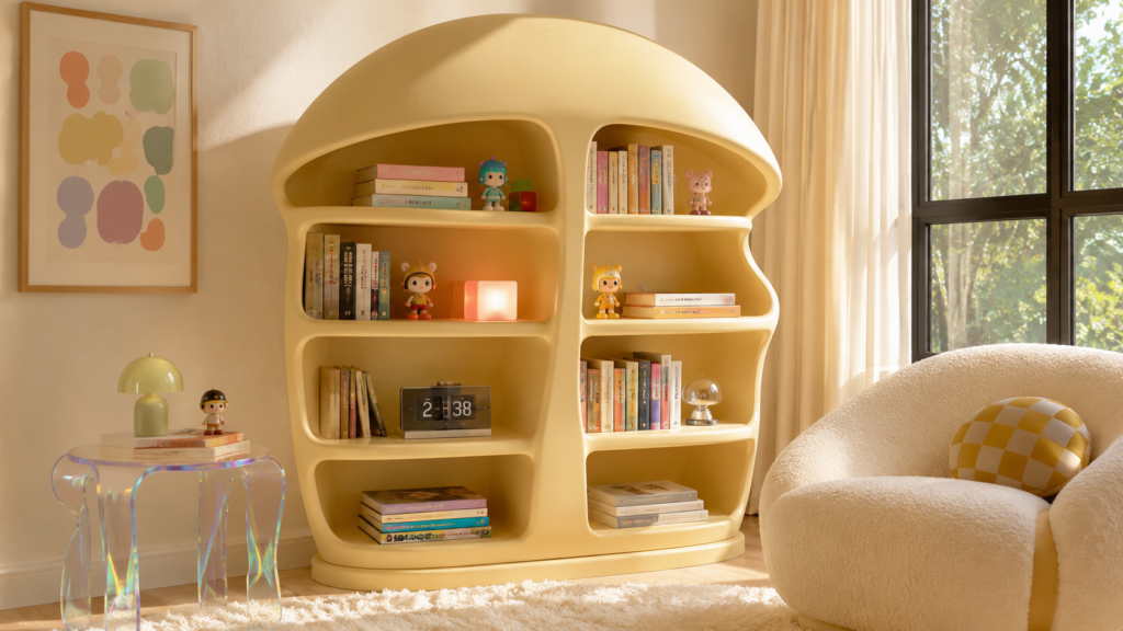 Mushroom-shaped bookshelf creating a playful reading corner in a modern apartment.