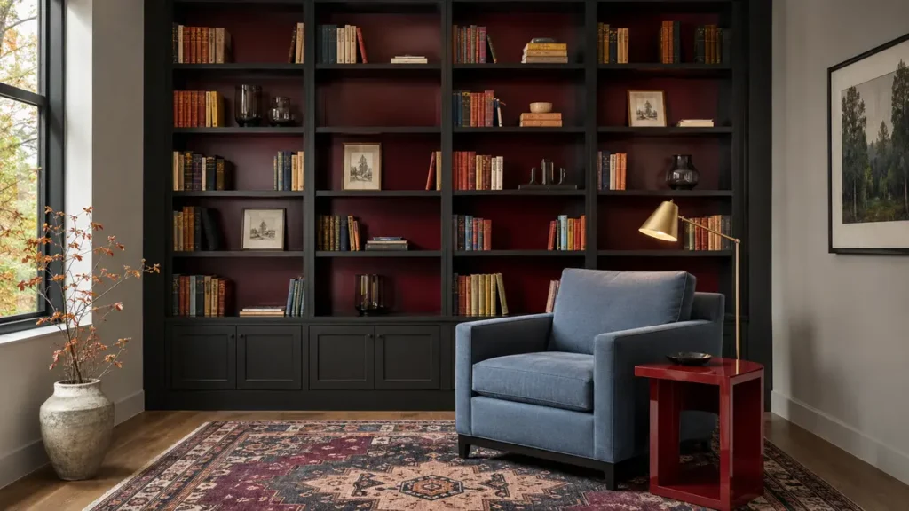 black-cherry-lacquer-fall-bookcase.webp — Modern reading room with a black-cherry bookcase interior and colorful autumn styling