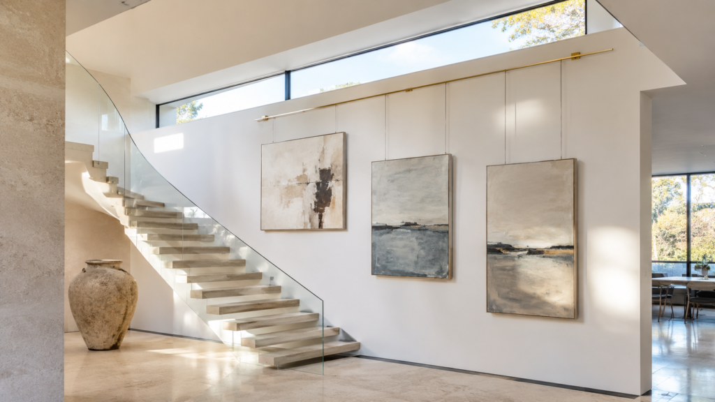 Ceiling-mounted gallery rail displaying suspended contemporary artwork along a staircase wall.