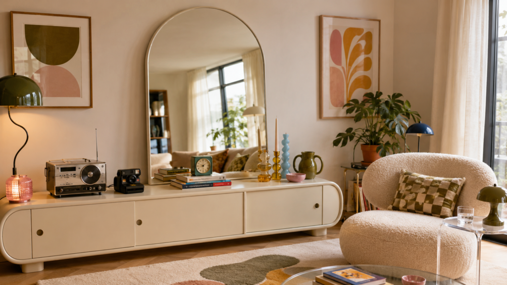 Oversized arched mirror styled with playful vintage finds and modern furniture in a creative living room.