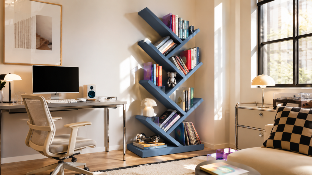 Zigzag bookshelf adding bold geometric style to a Gen Z home office.