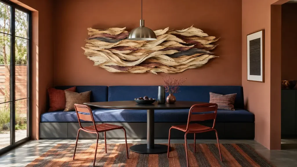 contemporary-corn-husk-wall-sculpture.webp — Abstract corn-husk wall sculpture displayed above a colorful modern dining banquette
