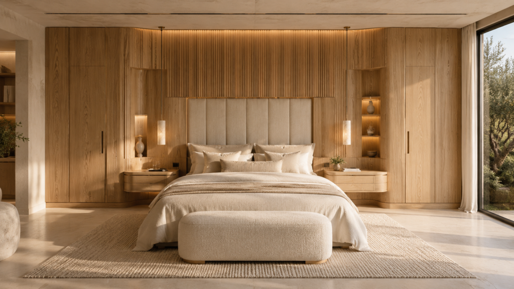 Floor-to-ceiling slatted white oak headboard wall in a luxury modern bedroom.