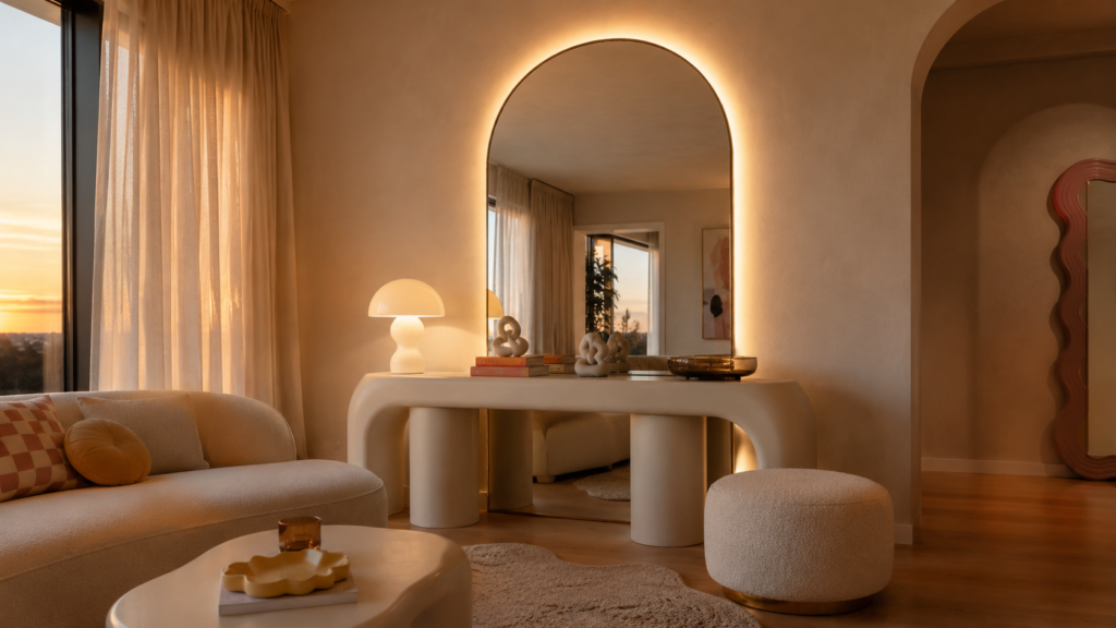 Backlit oversized arched mirror with a warm LED halo in a cozy contemporary living room.