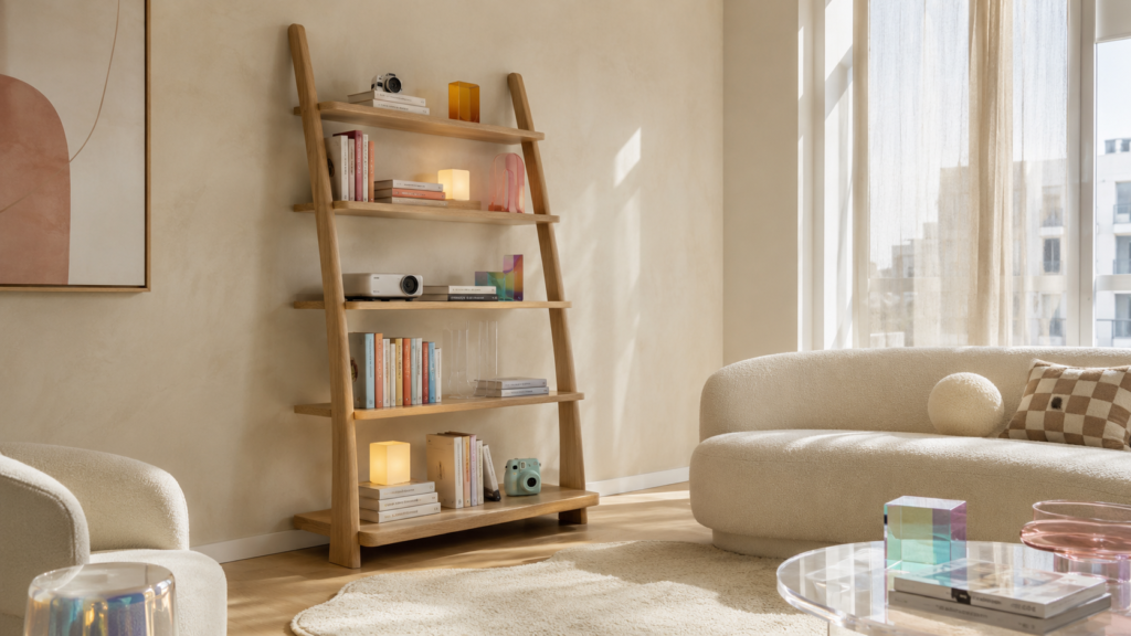 Curved ladder bookshelf styled with books beside a cozy living room seating area.