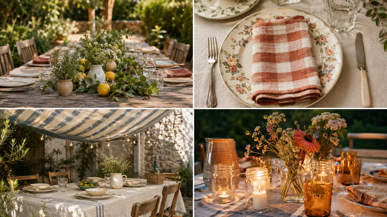 Collage of budget-friendly summer outdoor dining table decor with vintage plates, greenery, striped canopy, and candles.