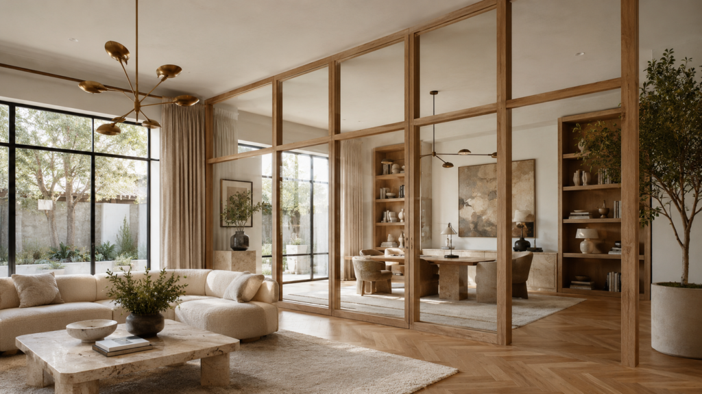 White oak framed glass room divider separating a luxury living room and home office.