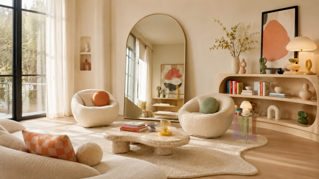 Oversized arched mirror anchoring a cozy conversation area with sculptural chairs in a Pinterest-inspired living room.