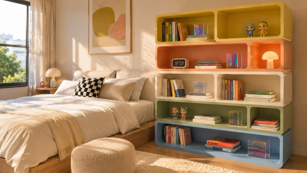 Color-block bookshelf adding cheerful Gen Z style to a modern bedroom.