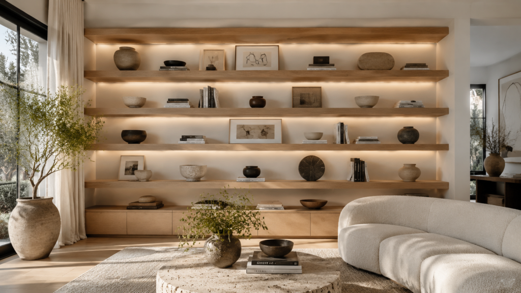 Wall-to-wall floating white oak shelves styled like luxury built-in cabinetry.
