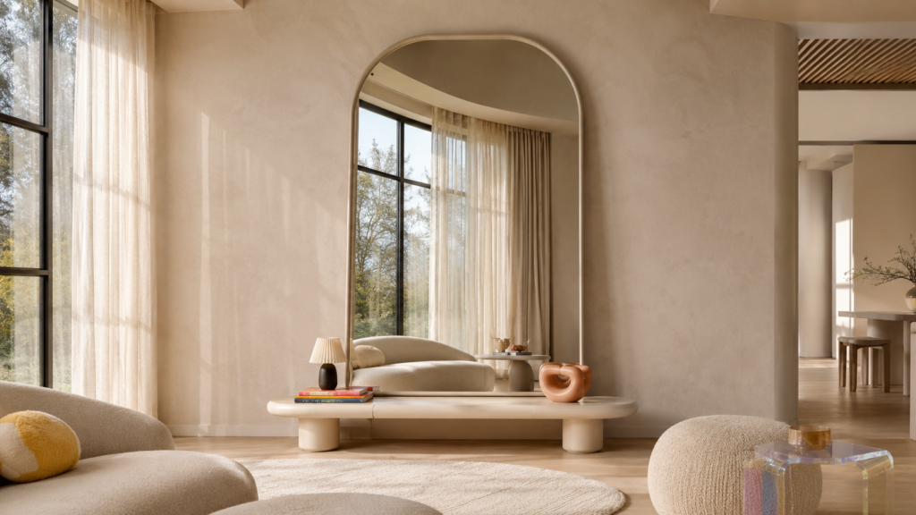 Oversized arched mirror standing alone on a textured plaster wall in a minimalist Pinterest-inspired living room.