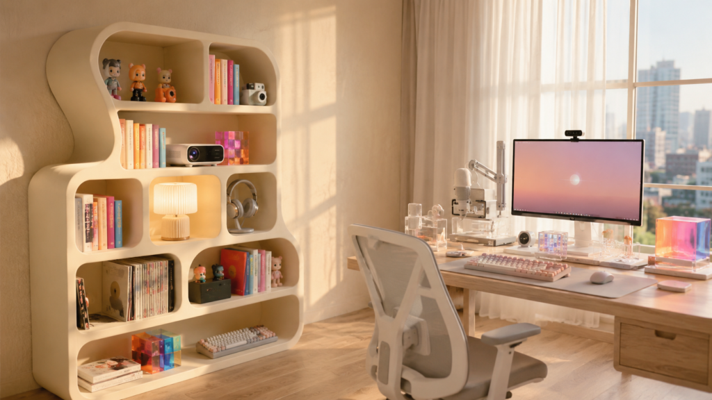 Compact creator bookshelf styled with books and modern desk accessories.
