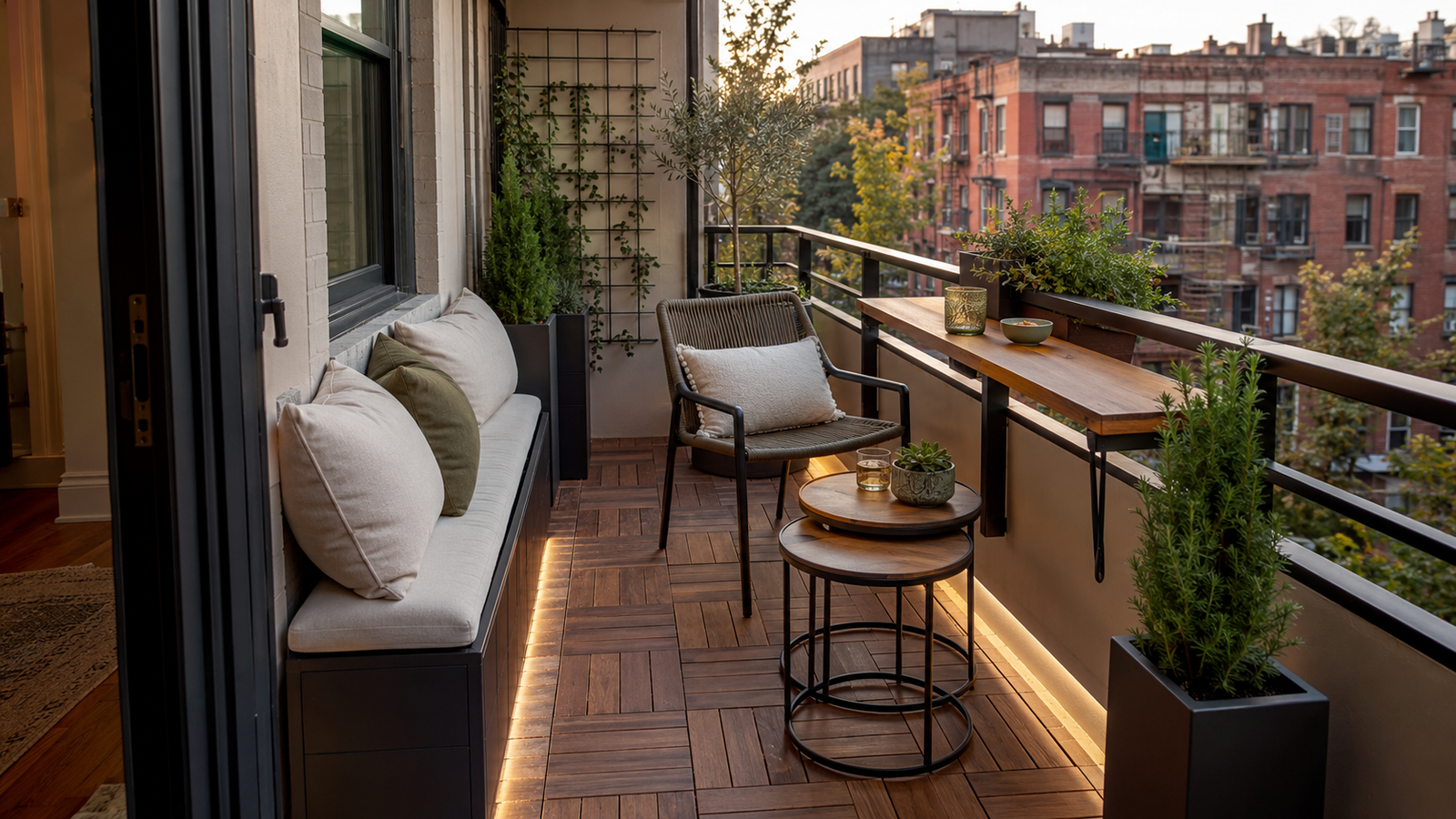 Small apartment balcony with a storage bench, railing counter, nesting tables, planters, and warm concealed lighting.