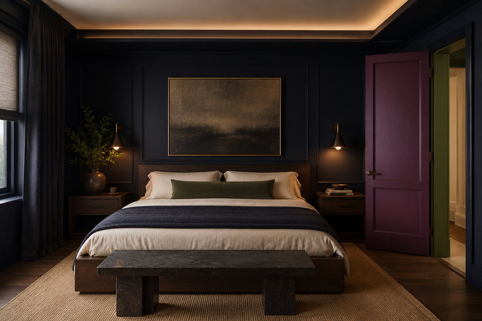 Dark moody bedroom decor with rich navy walls, layered lighting, plum accents, and warm wood furniture.