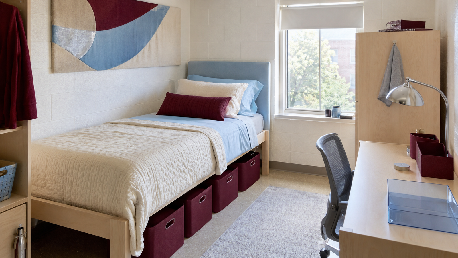 Stylish Gen Z dorm room color scheme with burgundy, powder blue, buttercream, and chrome accents