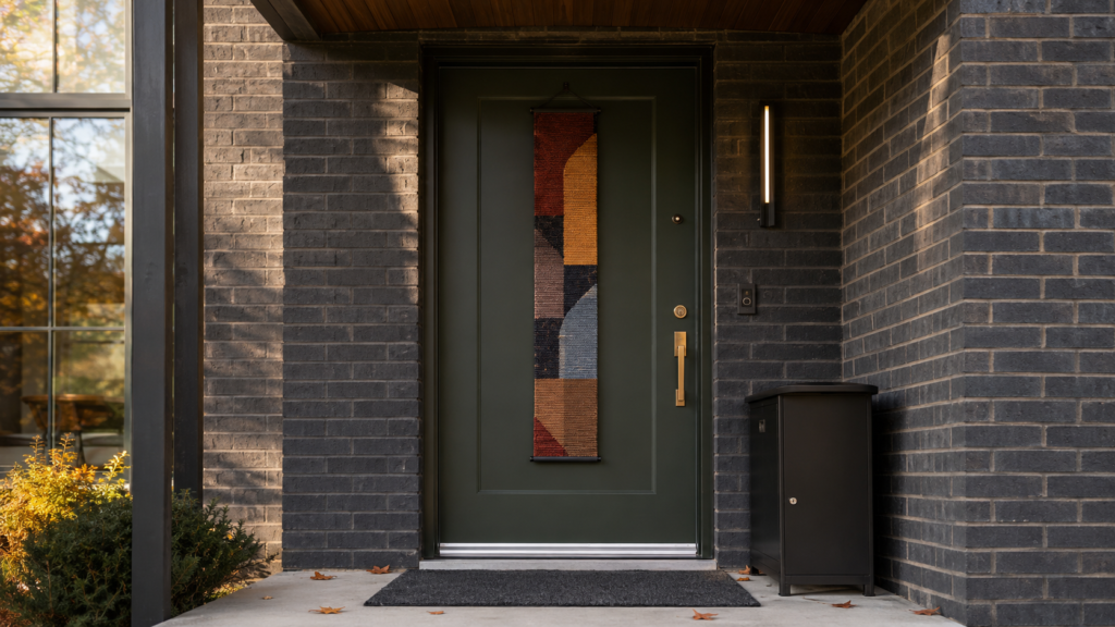 modern-fall-front-door-textile-banner.webp — Forest-green front door decorated with a long woven fall textile banner instead of a wreath