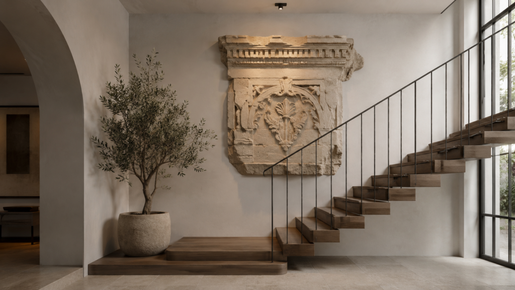 Monumental antique carved architectural fragment mounted on a minimalist staircase wall.