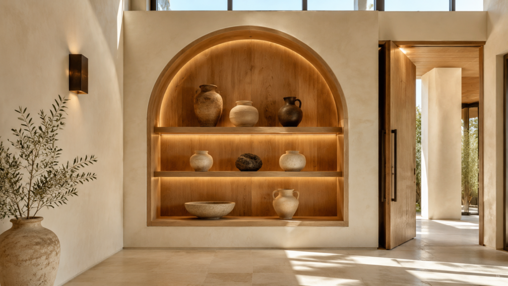 Curved white oak display niche with integrated lighting and sculptural decor.