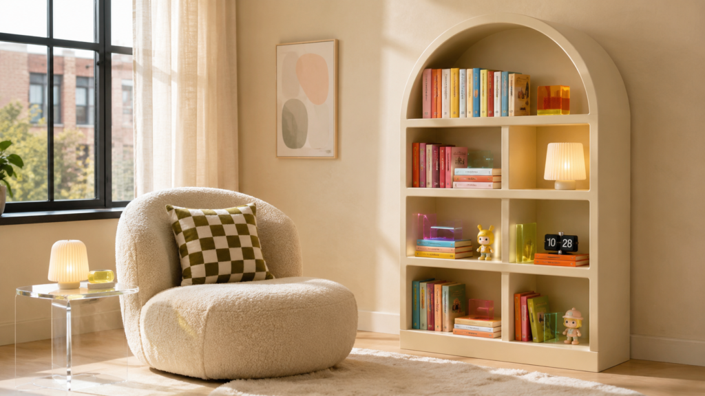 Freestanding arched bookcase creating a cozy Gen Z reading corner.
