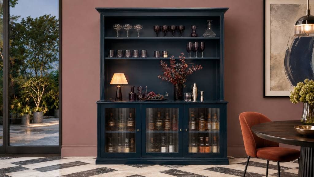 blackberry-night-garden-bar.webp — Colorful modern bar cabinet styled with blackberry glassware and dark late-season botanicals
