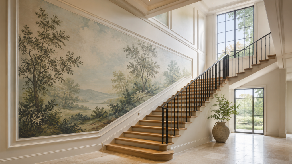 Framed removable wallpaper mural creating a dramatic staircase wall statement.