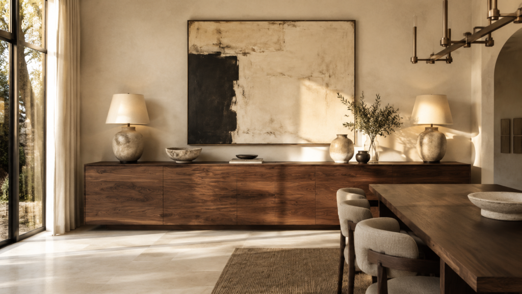Oversized walnut sideboard styled in a luxury modern dining room.