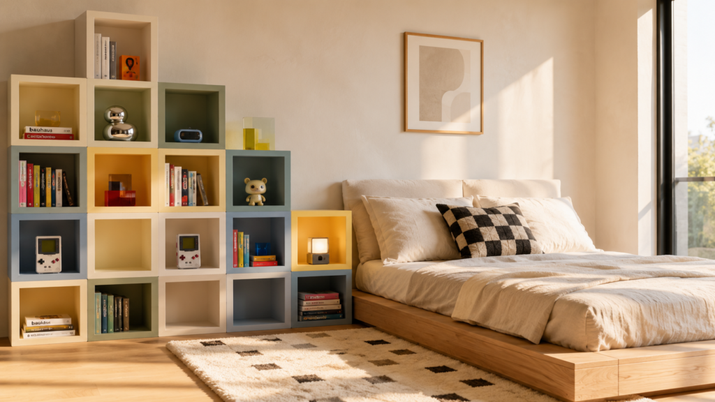 Pixel-grid bookshelf bringing playful geometric storage to a modern bedroom.