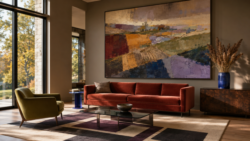 colorful-modern-harvest-living-room.webp — Colorful modern living room inspired by oversized artwork depicting abstract autumn fields and orchards