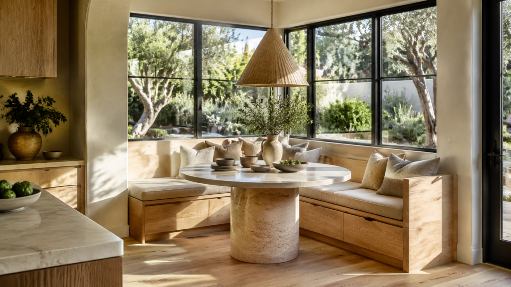 Custom white oak breakfast nook with a built-in bench and round travertine table.