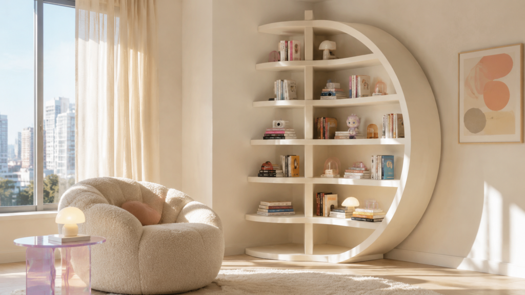 Crescent-shaped corner bookshelf transforming an unused corner into a cozy home library.