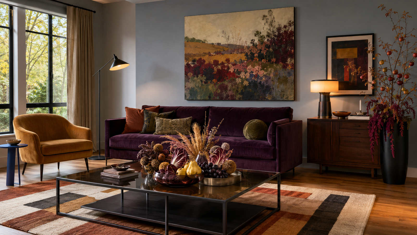 Colorful modern living room decorated for fall with dried hops, quince, autumn artwork, and rich seasonal colors