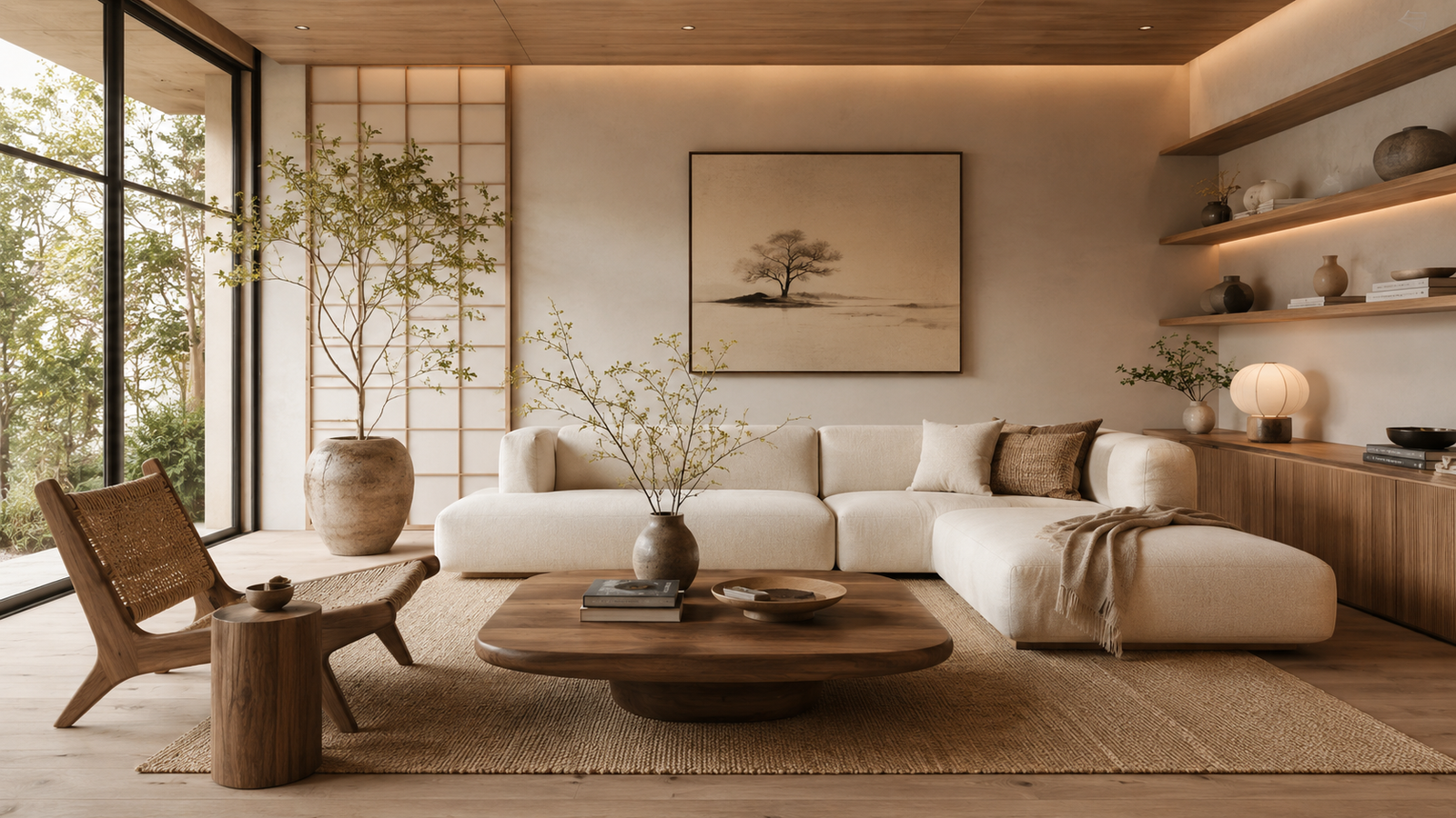 Modern Japandi style living room with curved cream sofa, warm walnut furniture, travertine coffee table, and serene minimalist décor in natural light.