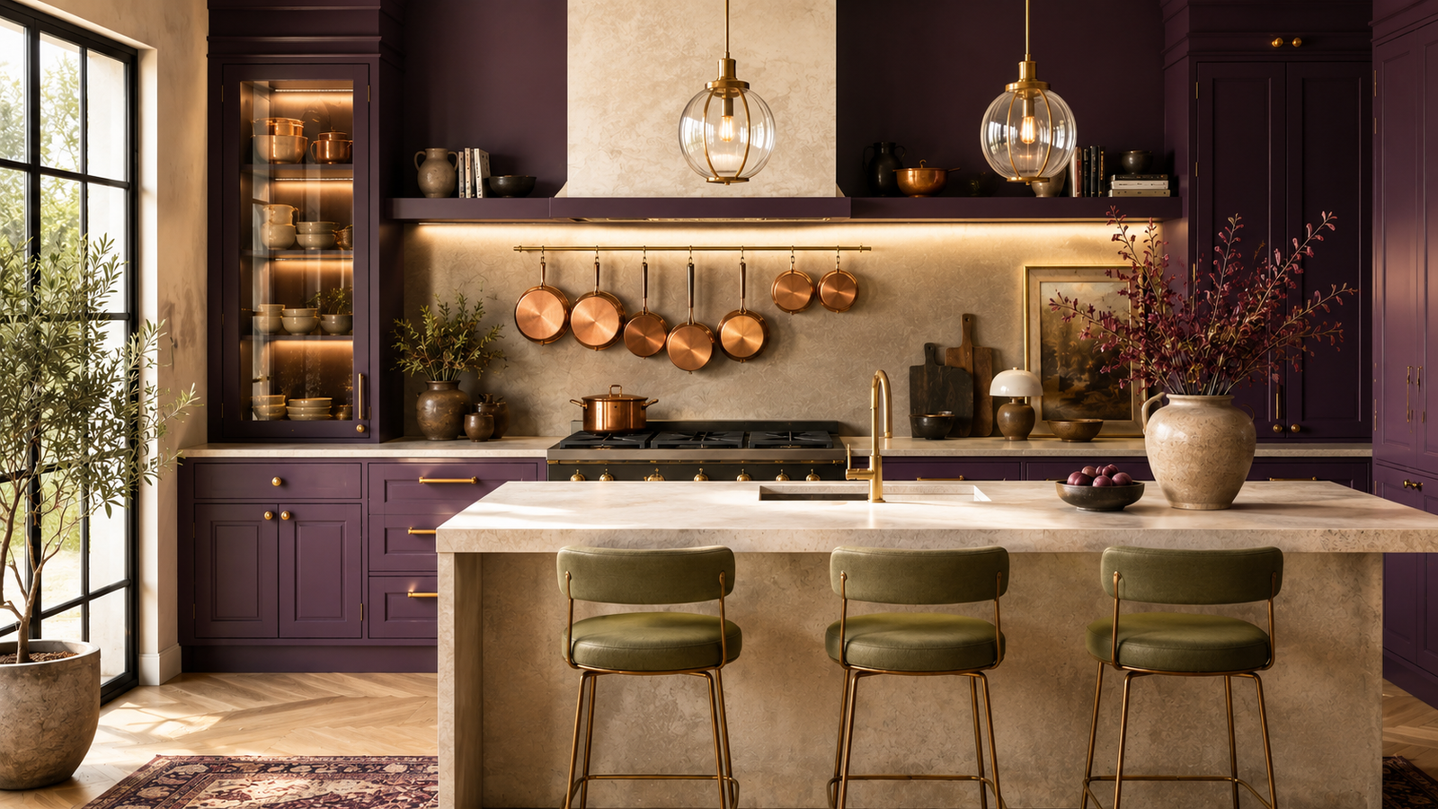 Modern aubergine kitchen with deep plum cabinets, warm brass accents, stone island, and bright natural lighting in a luxury contemporary interior.