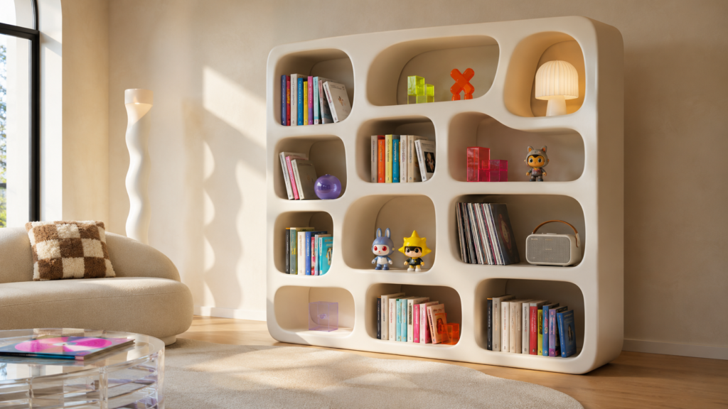 Asymmetrical gallery bookshelf styled with colorful books in a modern living room.