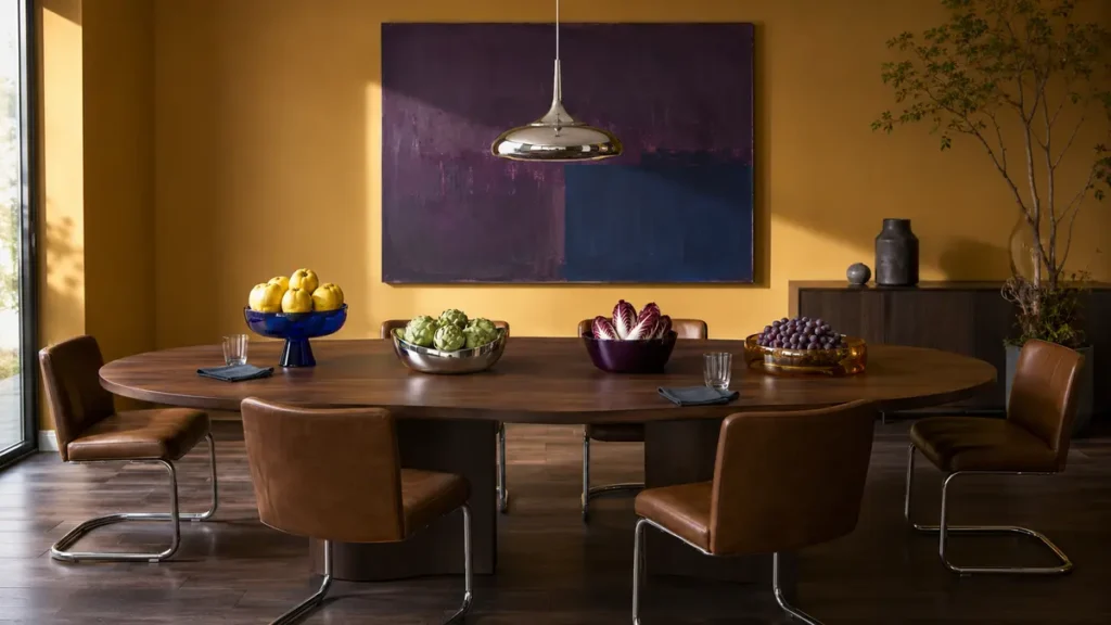 sculptural-quince-artichoke-tablescape.webp — Quince, artichokes, grapes, and radicchio arranged as a colorful modern fall tablescape