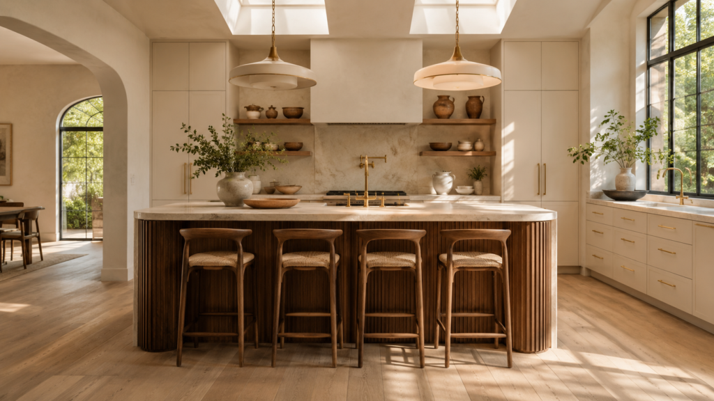 Luxury kitchen featuring a fluted walnut island with a quartz waterfall countertop