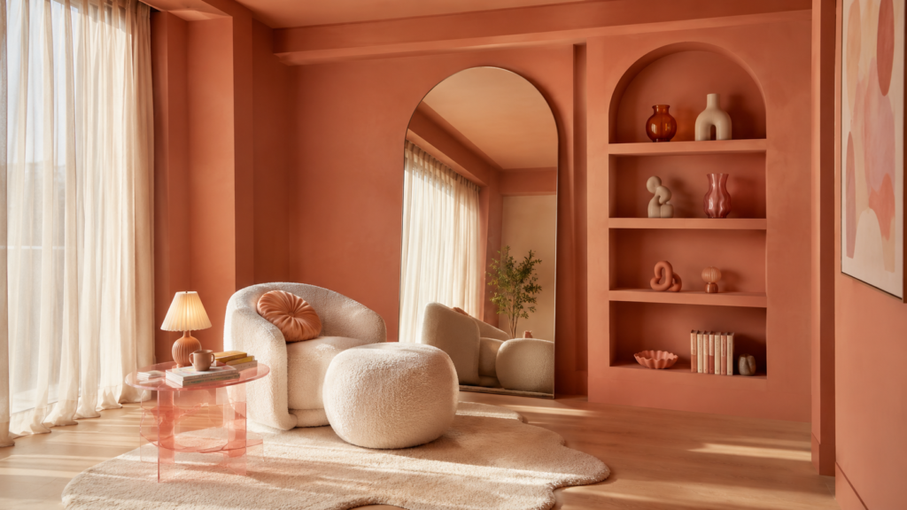 Color-drenched living room corner with an oversized arched mirror, sculptural boucle chair, and monochromatic peach walls.